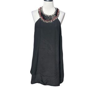 French Connection Sleeveless Silk Little Black Dress Embellished Collar Size 8